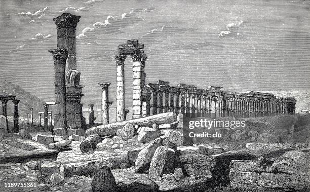 temple ruins in palmyra - palmera stock illustrations