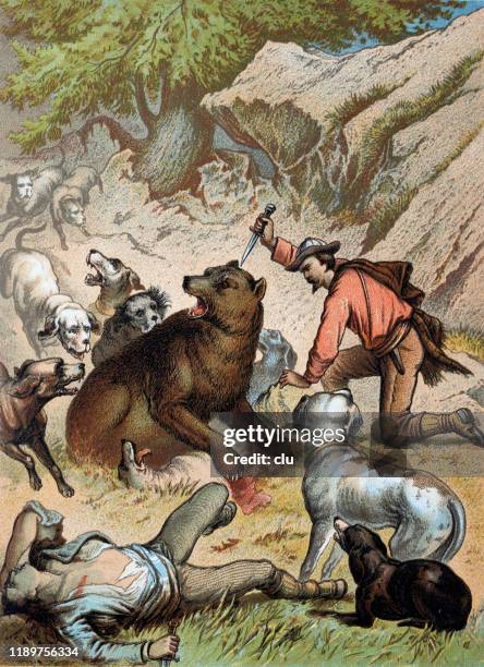 men and dogs fighting with a bear - man lying on back hurt stock illustrations