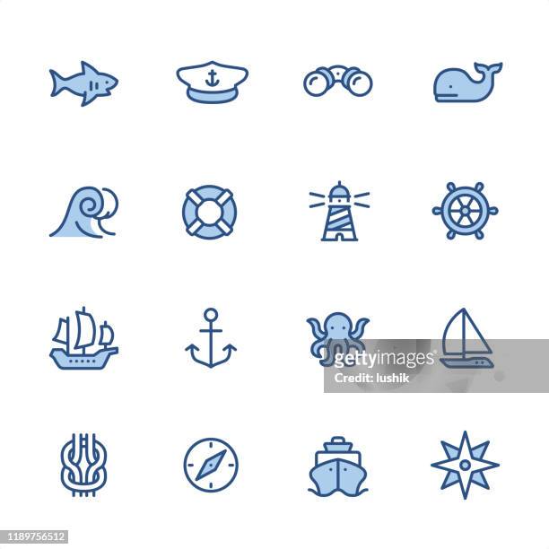 marine thema - pixel perfekte marineblaue umriss-symbole - sail stock-grafiken, -clipart, -cartoons und -symbole