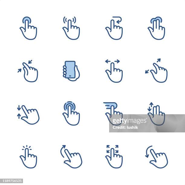illustrazioni stock, clip art, cartoni animati e icone di tendenza di gesti touch screen - icone del contorno blu pixel perfect - sparse