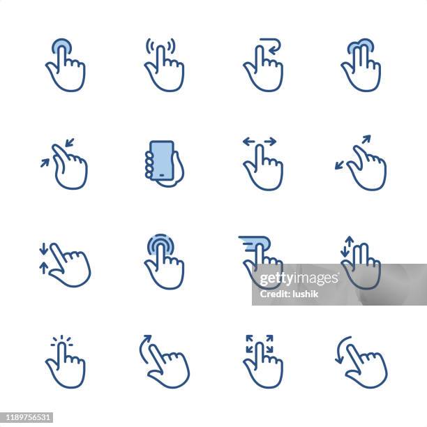 stockillustraties, clipart, cartoons en iconen met aanraakscherm gebaren-pixel perfect blauwe contour pictogrammen - gesturing