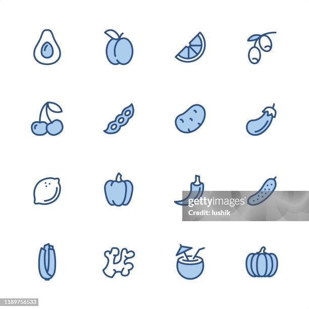 vegan food - pixel perfect blue outline icons - ginger spice stock illustrations