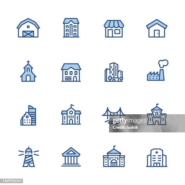 agricultural building - pixel perfect blue outline icons - cottage icon stock illustrations