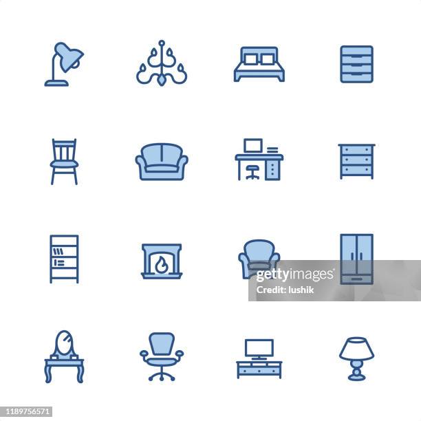 furniture - pixel perfect blue outline icons - chandelier icon stock illustrations