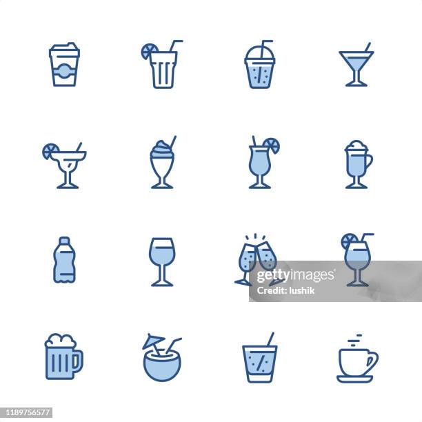 drink and alcohol - pixel perfect blue outline icons - cocktail icon stock illustrations