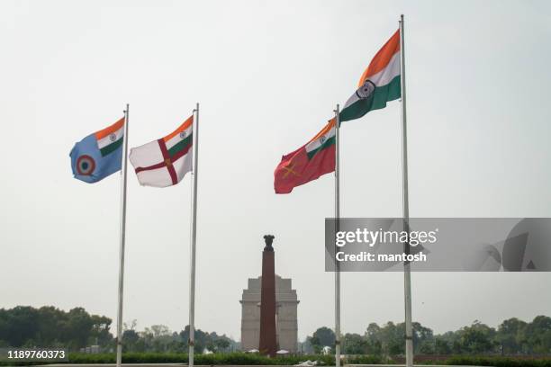 indian national flag with 3 armed forces flags - indian army stock pictures, royalty-free photos & images