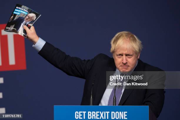 Prime Minister Boris Johnson delivers a speech at the launch of his party's manifesto at Telford International Centre on November 24, 2019 in...