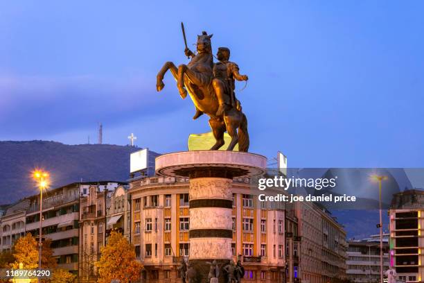 iconic alexander the great statue, macedonian square, skopje, macedonia - skopje stock pictures, royalty-free photos & images