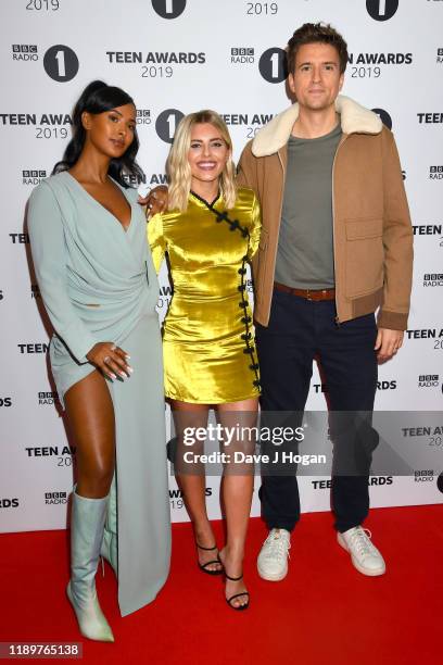 Greg James, Mollie King and Maya Jama attend BBC Radio 1's Teen Awards 2019 on November 24, 2019 in London, United Kingdom.