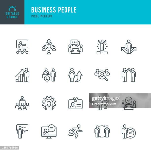 business people - dünner linearer vektorsymbolsatz. pixel perfekt. bearbeitbarer strich. das set enthält die symbole personen, teamarbeit, partnerschaft, präsentation, führung, wachstum, manager. - geschäftsbesprechung stock-grafiken, -clipart, -cartoons und -symbole
