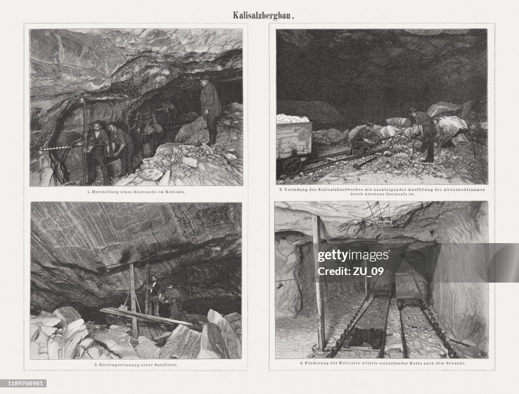 Potash salt mining, wood engravings, published in 1898