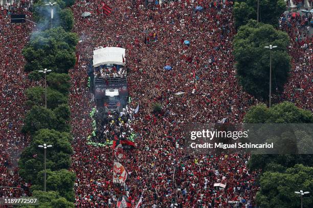 Aerial view of fans of Flamengo as they gather during the celebrations the day after Flamengo won the Copa CONMEBOL Libertadores at Igreja da...