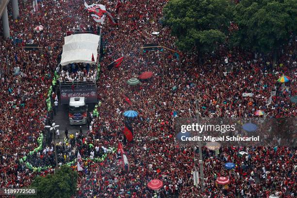 Aerial view of fans of Flamengo as they gather during the celebrations the day after Flamengo won the Copa CONMEBOL Libertadores at Igreja da...