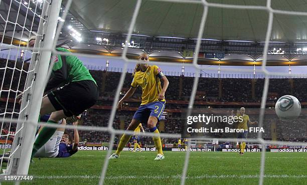 Nahomi Kawasumi of Japan scores her team's first goal during the FIFA Women's World Cup Semi Final match between Japan and Sweden at the FIFA World...