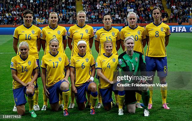 The team of Sweden line up during the FIFA Women's World Cup Semi Final match between Japan and Sweden at the FIFA World Cup stadium Frankfurt on...