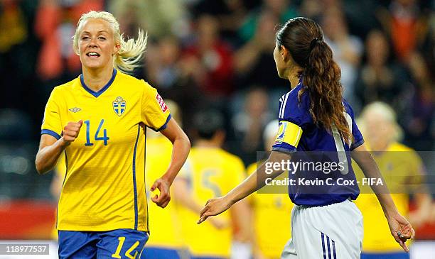 Josefine Oqvist of Sweden celebrates after scoring the first goal against Japan during the FIFA Women's World Cup Semi Final match between Japan and...