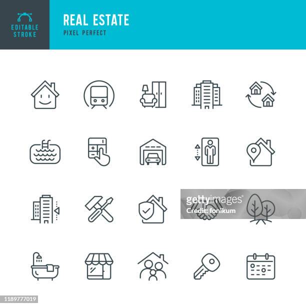 real estate - thin linear vector icon set. editable stroke. pixel perfect. the set contains icons real estate agent, home insurance, sale, rent, location, truck. - indoors stock illustrations