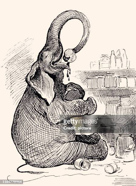 stockillustraties, clipart, cartoons en iconen met schattige baby olifant met een potje jam (xxxl) - animal trunk