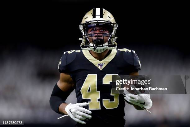 Marcus Williams of the New Orleans Saints warms up prior to the game against the Carolina Panthers at Mercedes Benz Superdome on November 24, 2019 in...