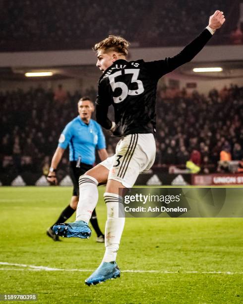 Brandon Williams of Manchester United scores their first goal during the Premier League match between Sheffield United and Manchester United at...