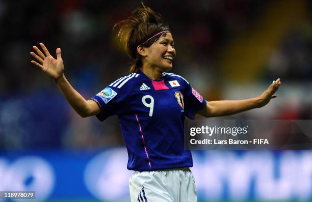 Nahomi Kawasumi of Japan celebrates after scoring her teams third goal during the FIFA Women's World Cup Semi Final match between Japan and Sweden at...