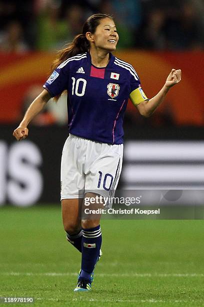 Homare Sawa of Japan celebrates the second goal during the FIFA Women's World Cup Semi Final match between Japan and Sweden at the FIFA World Cup...