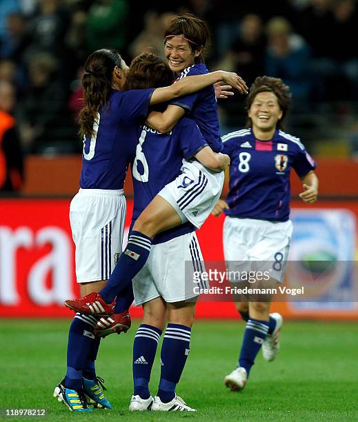 Nahomi Kawasumi of Japan celebrates after scoring her team's third goal during the FIFA Women's World Cup Semi Final match between Japan and Sweden...