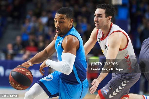 Phil Pressey of Movistar Estudiantes and Ferran Bassas of San Pablo Burgos during Liga Endesa match between Movistar Estudiantes and San Pablo Burgos...