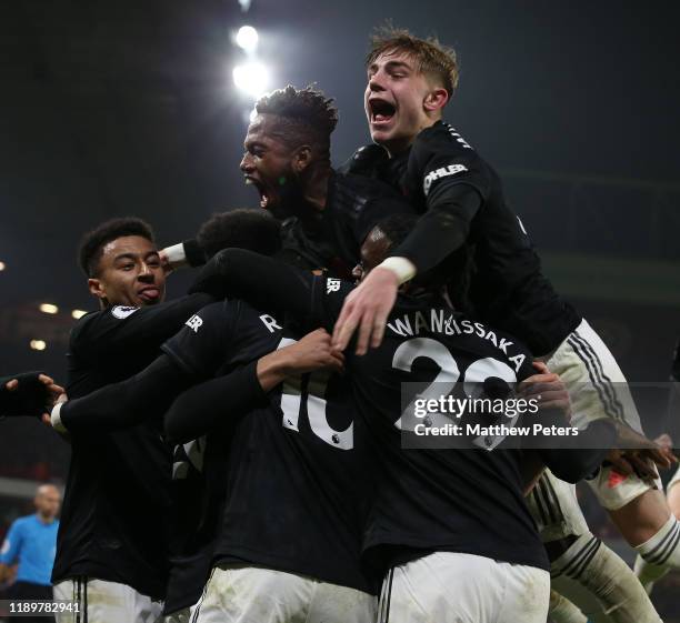 Marcus Rashford of Manchester United celebrates scoring their third goal during the Premier League match between Sheffield United and Manchester...