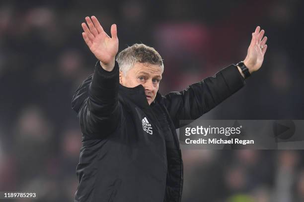 Ole Gunnar Solskjaer, Manager of Manchester United waves to the fans following the Premier League match between Sheffield United and Manchester...