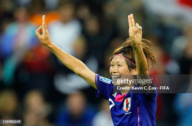 Nahomi Kawasumi of Japan celebrates her second goal against Sweden during the FIFA Women's World Cup Semi Final match between Japan and Sweden at the...