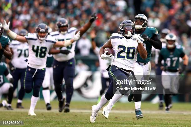 Rashaad Penny of the Seattle Seahawks rushes for a fourth quarter touchdown against the Philadelphia Eagles at Lincoln Financial Field on November...