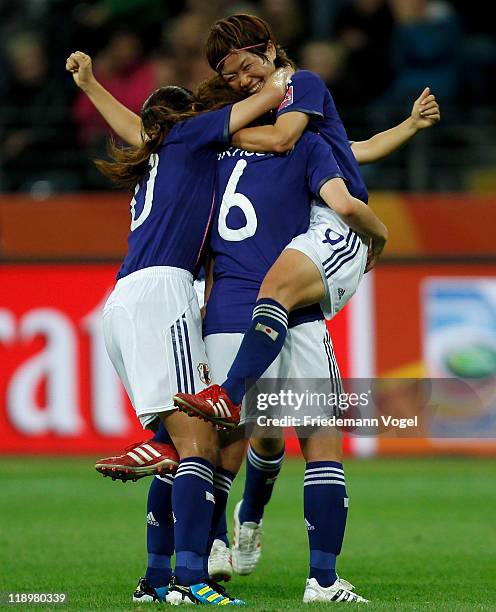 Nahomi Kawasumi of Japan celebrates after scoring her team's third goal during the FIFA Women's World Cup Semi Final match between Japan and Sweden...