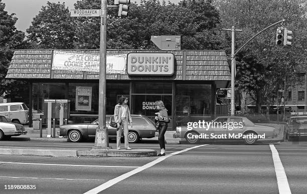 View of a Dunkin Donuts shop, at the intersection of Woodhaven Boulevard and 63rd Drive, in the Rego Park neighborhood, Queens, New York, New York,...