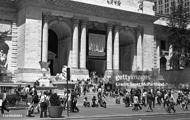 View of people outside the New York Public Library Main Branch , New York, New York, May 25, 1984.