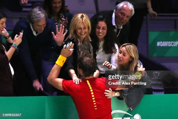 Rafael Nadal of Spain celebrates victory with Dad, Sebastian Nadal, Mum Ana Maria Parera, Sister Maria Isabel Nadal and Wife Xisca Perello in his...