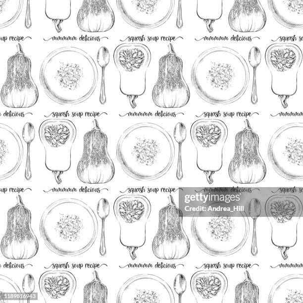 honeynut butternut squash and soup seamless pattern background. vector ink and watercolor drawing. - squash soup stock illustrations