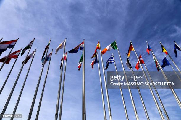flags of european states outside the parliament in strasbourg. - la comunità europea foto e immagini stock
