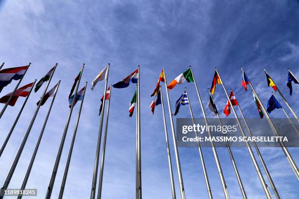 flags of european states outside the parliament in strasbourg. - government authority stock pictures, royalty-free photos & images