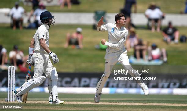 Mitchell Santner of New Zealand bowls during day five of the first Test match between New Zealand and England at Bay Oval on November 25, 2019 in...