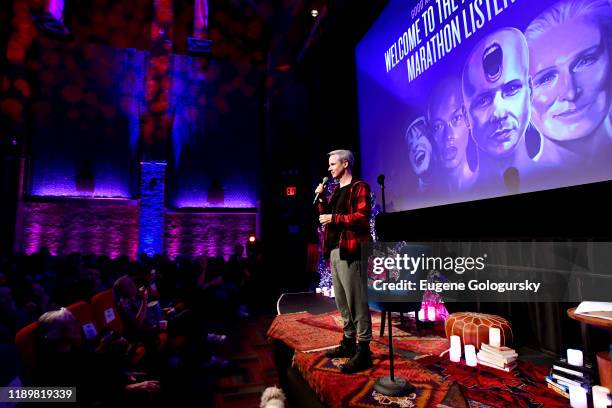 John Cameron Mitchell speaks onstage during the NYC listening party hosted by Glenn Close and John Cameron Mitchell for ANTHEM: HOMUNCULUS, a musical...