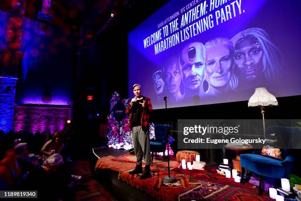 John Cameron Mitchell speaks onstage during the NYC listening party hosted by Glenn Close and John Cameron Mitchell for ANTHEM: HOMUNCULUS, a musical...