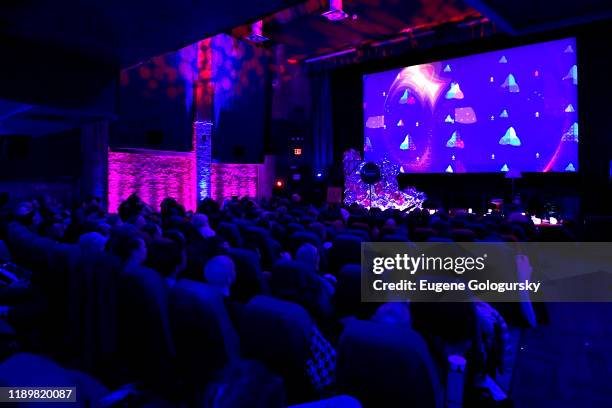 View of the visual projections during the NYC listening party hosted by Glenn Close and John Cameron Mitchell for ANTHEM: HOMUNCULUS, a musical...