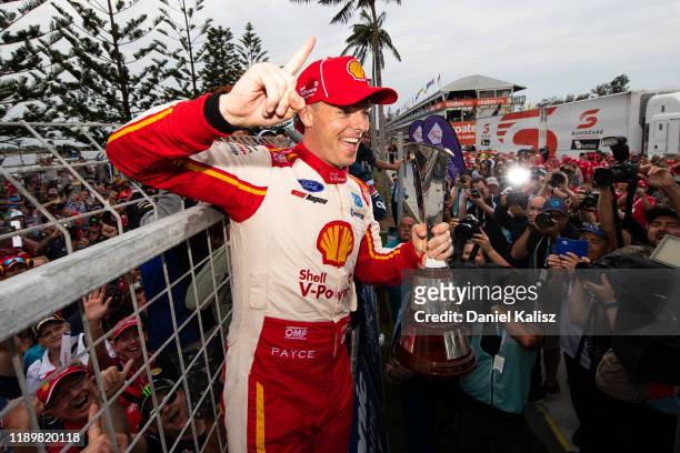 Scott McLaughlin driver of the Shell V-Power Racing Team Ford Mustang celebrates during race 2 of the Newcastle 500 as part of the 2019 Supercars...