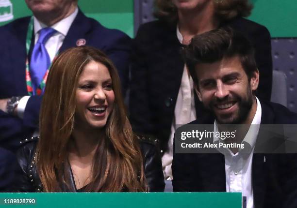 Musician Shakira and football player Gerard Pique in the Final between Spain and Canada during Day Seven of the 2019 David Cup at La Caja Magica on...