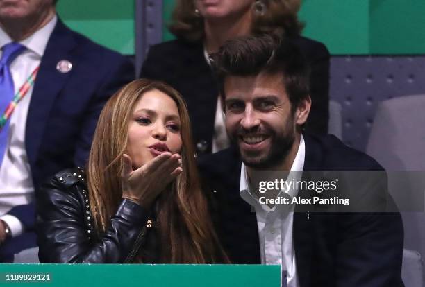 Musician Shakira and football player Gerard Pique in the Final between Spain and Canada during Day Seven of the 2019 David Cup at La Caja Magica on...