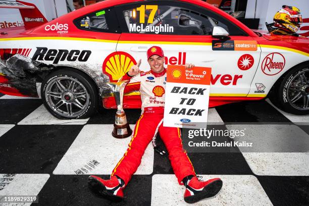 Scott McLaughlin driver of the Shell V-Power Racing Team Ford Mustang celebrates after winning the 2019 drivers championship during the Newcastle 500...