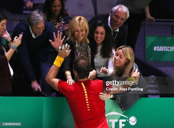 Rafael Nadal of Spain celebrates victory with Dad, Sebastian Nadal, Mum Ana Maria Parera, Sister Maria Isabel Nadal and Wife Xisca Perello in his...