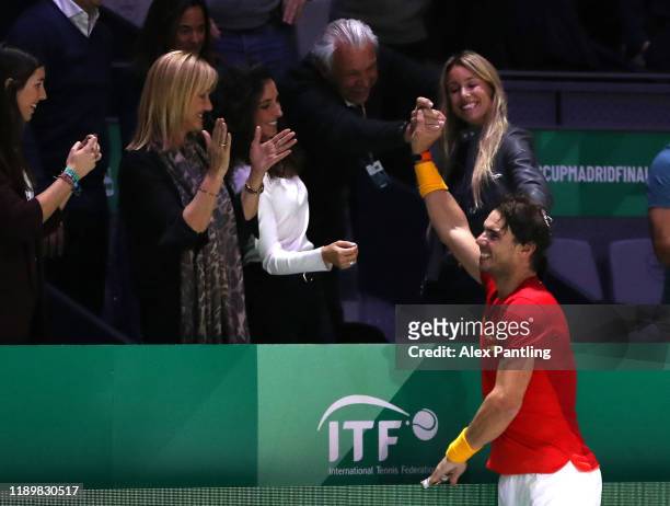 Rafael Nadal of Spain celebrates victory with family in his singles match against Denis Shapovalov of Canada in the Final between Spain and Canada...