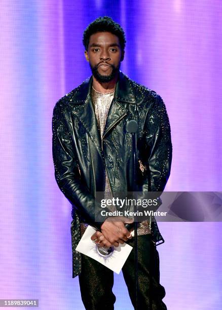 Chadwick Boseman speaks onstage during the 2019 American Music Awards at Microsoft Theater on November 24, 2019 in Los Angeles, California.